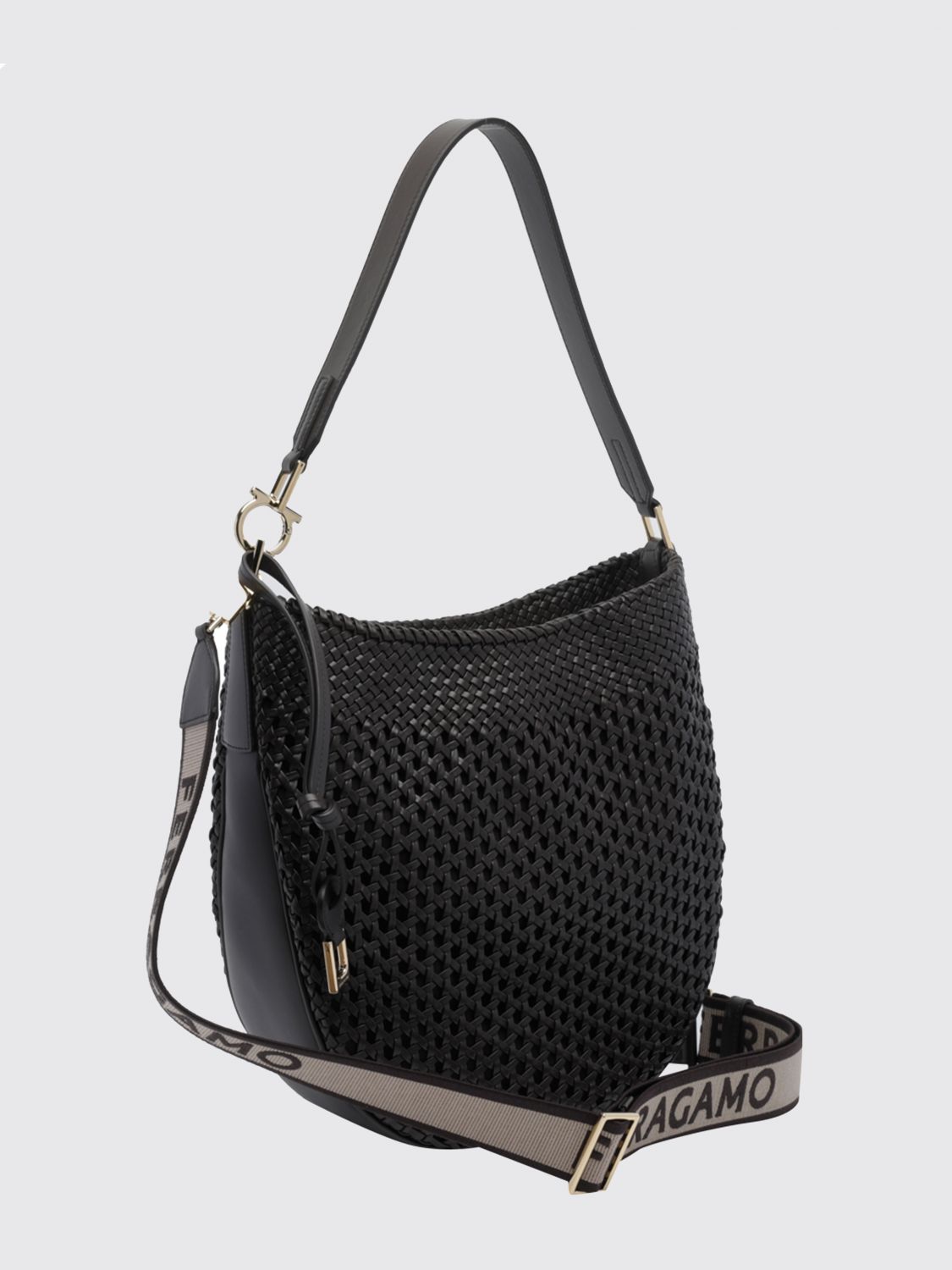 medium hobo bag in woven calfskin with logo shoulder strap