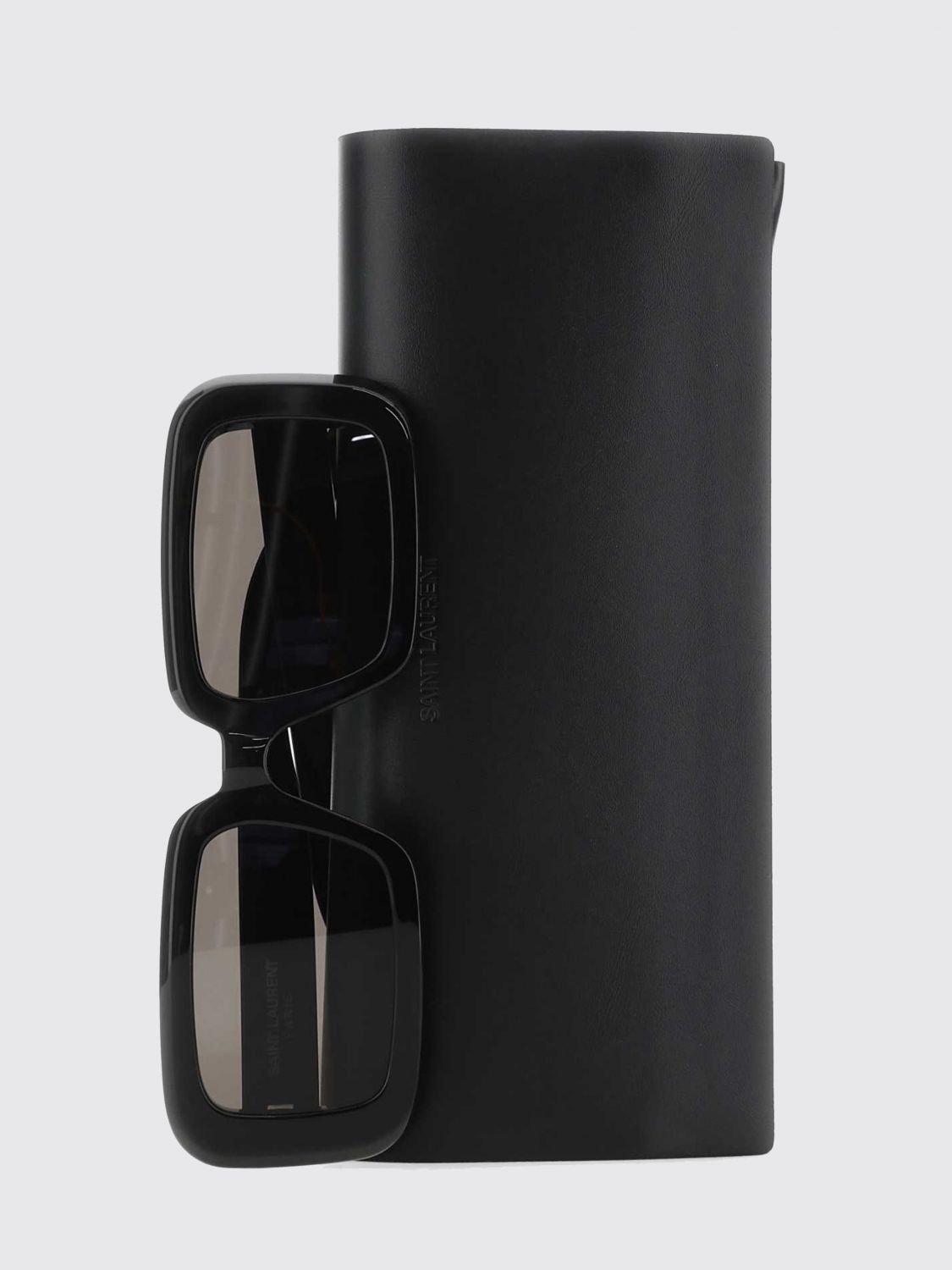 rectangular black acetate sunglasses with printed logo on the temples