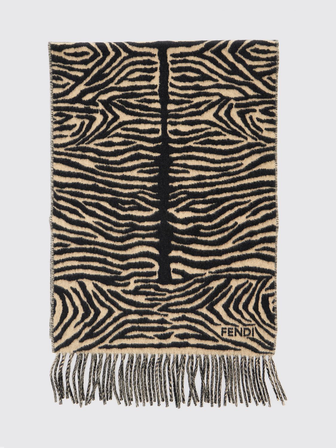 zebra print pure wool scarf with jacquard logo and fringed hem