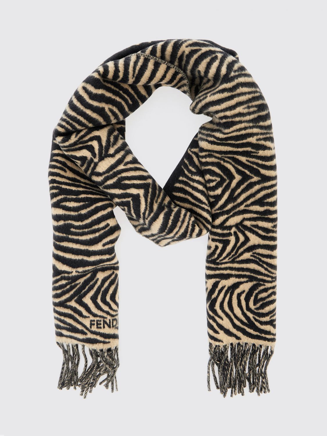 zebra print pure wool scarf with jacquard logo and fringed hem