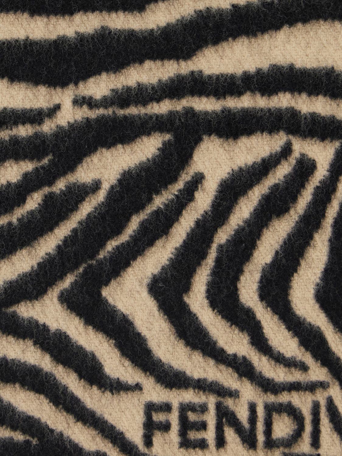 zebra print pure wool scarf with jacquard logo and fringed hem