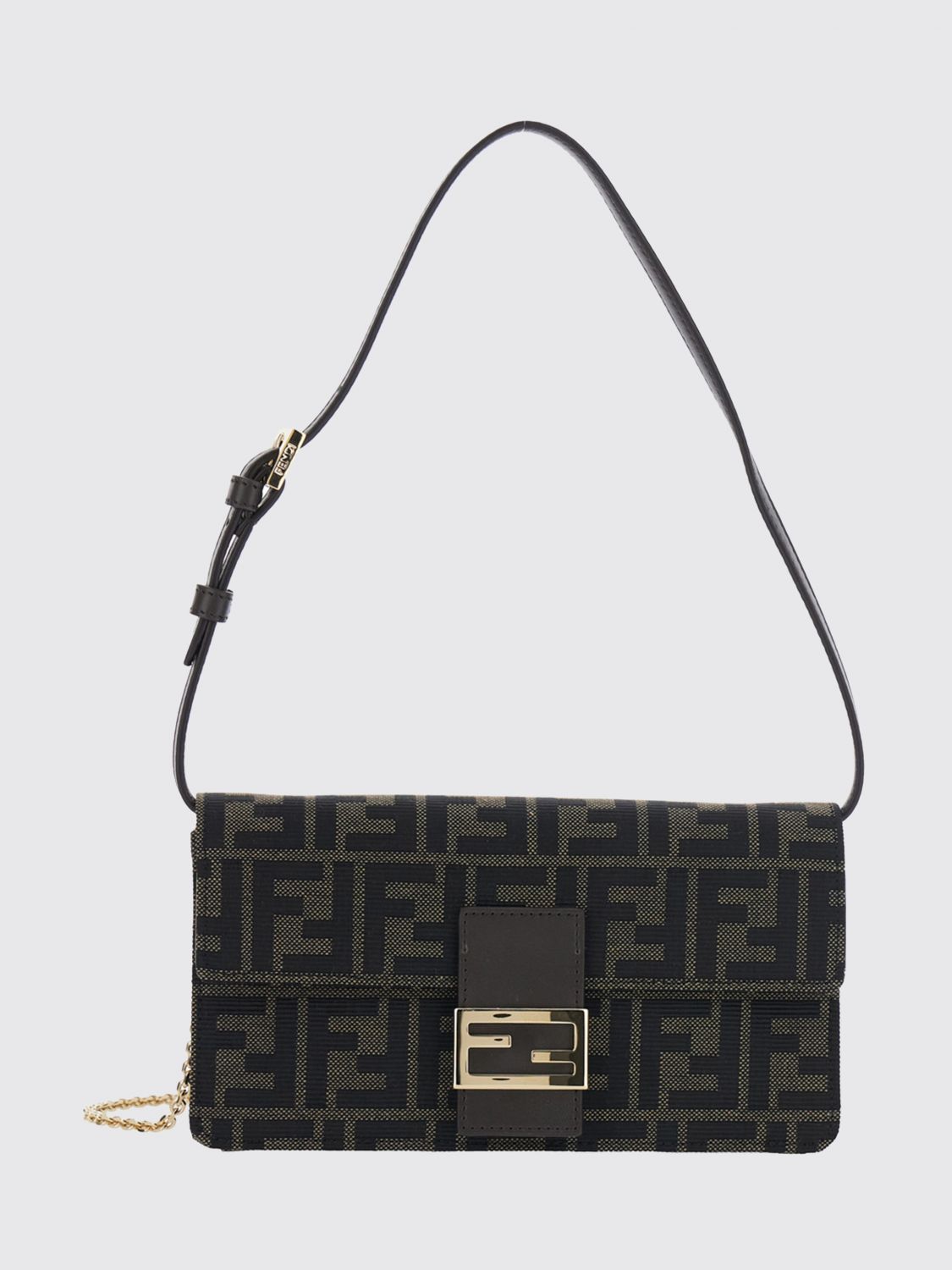 tube ff zucca fabric shoulder bag with leather handle and chain strap