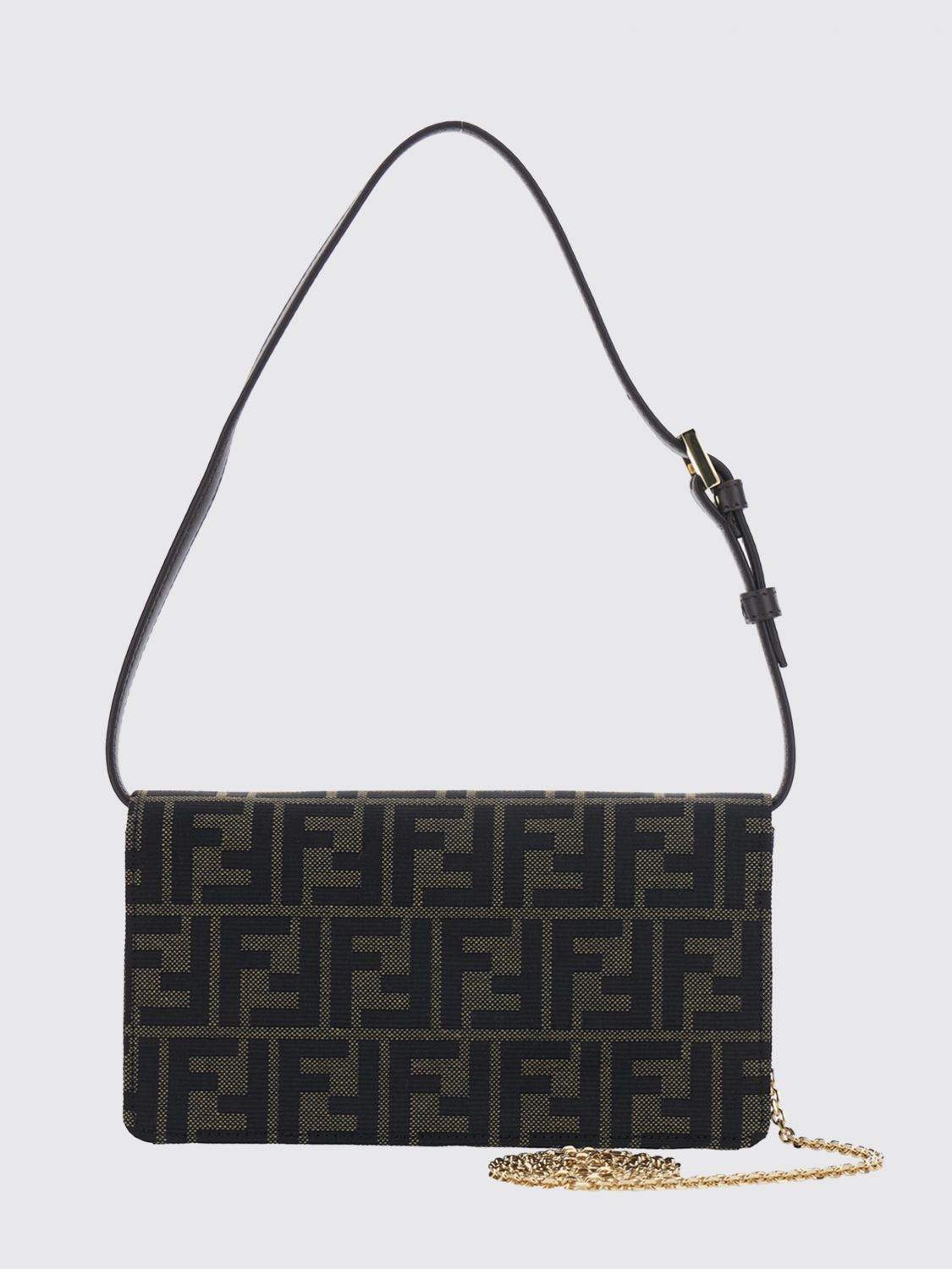 tube ff zucca fabric shoulder bag with leather handle and chain strap