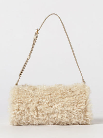 cylindrical shearling shoulder bag with adjustable handle
