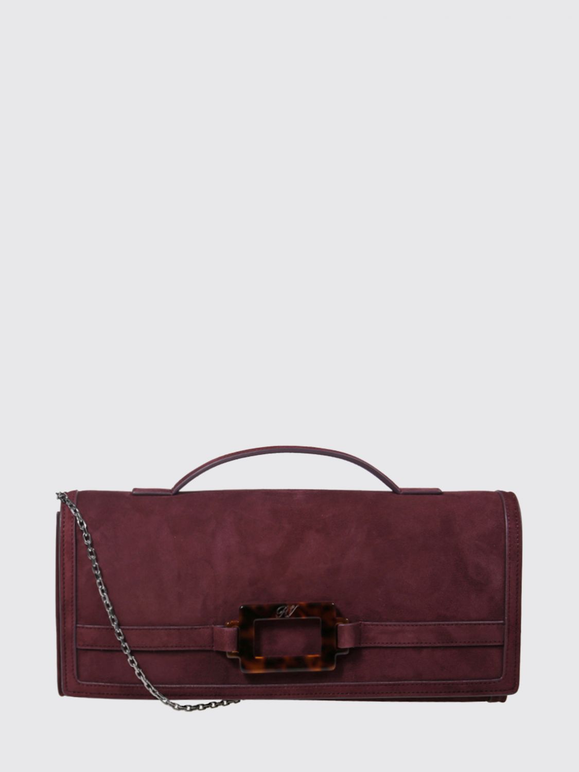 belle vivier suede clutch with iconic buckle and chain strap