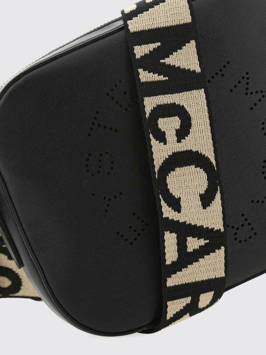 perforated logo mini camera bag with logo strap