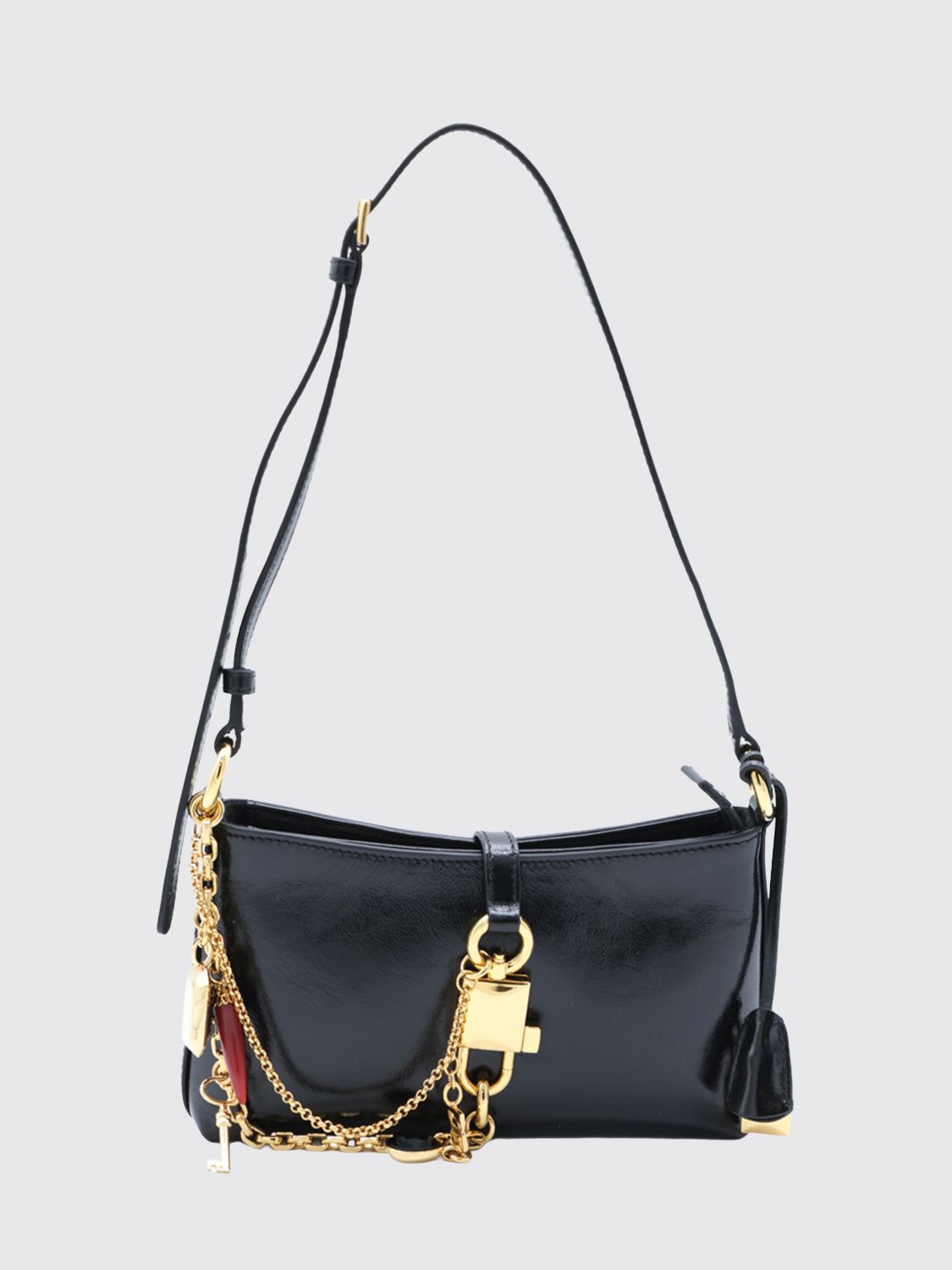 lock calfskin shoulder bag with padlock charm and zip closure