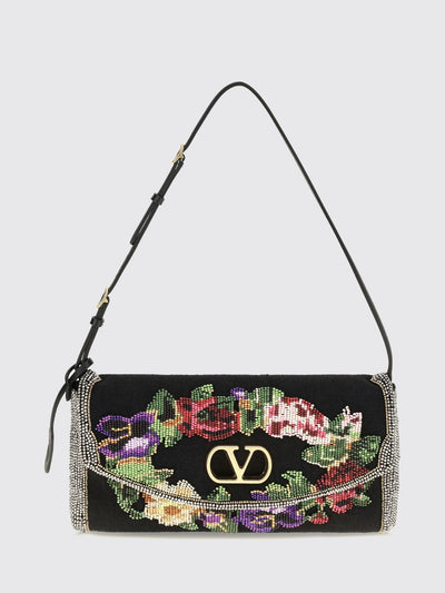 devain linen shoulder bag with crystal embroidery