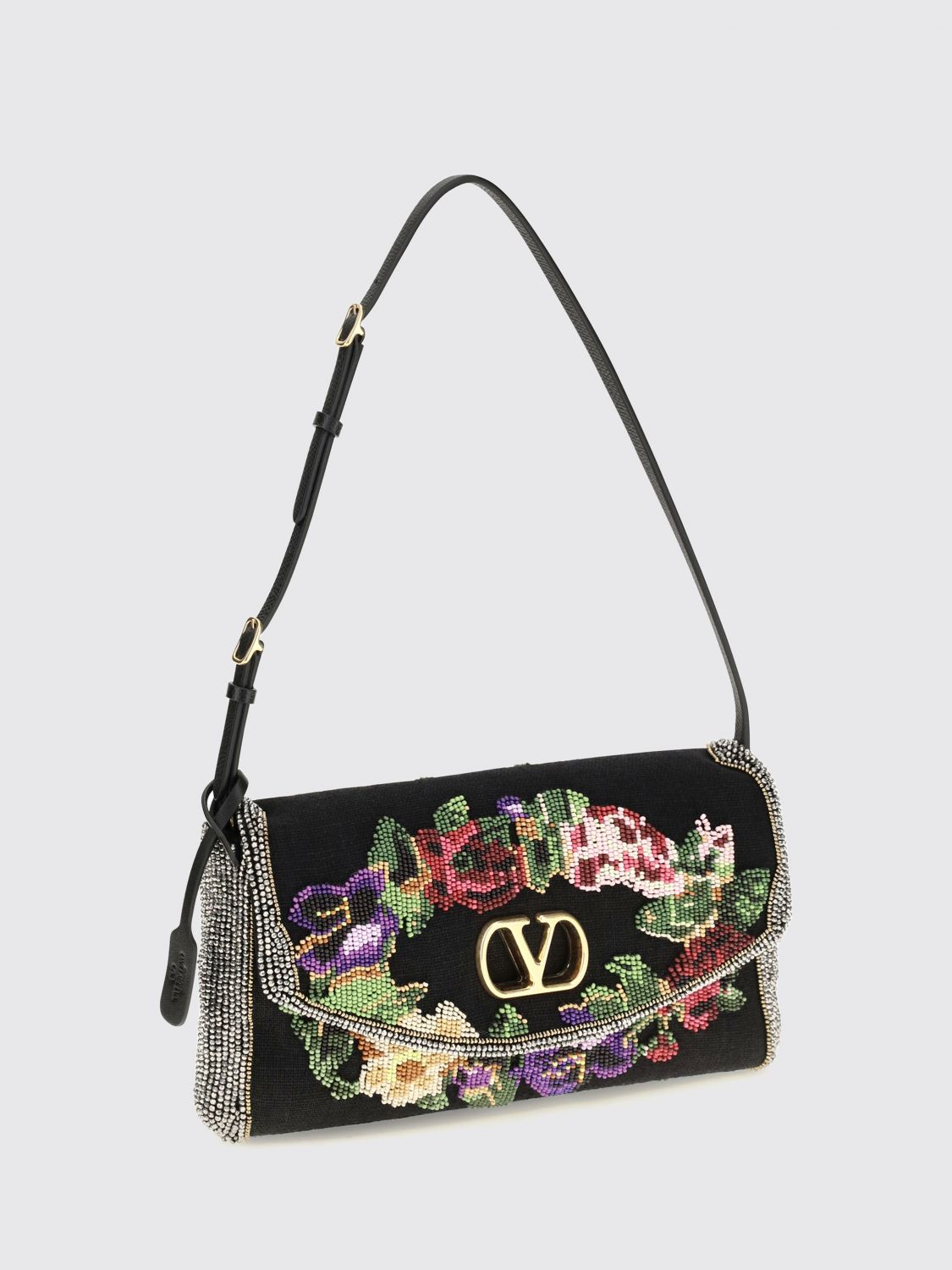 devain linen shoulder bag with crystal embroidery
