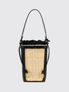 wicker and leather mini bucket bag with drawstring closure