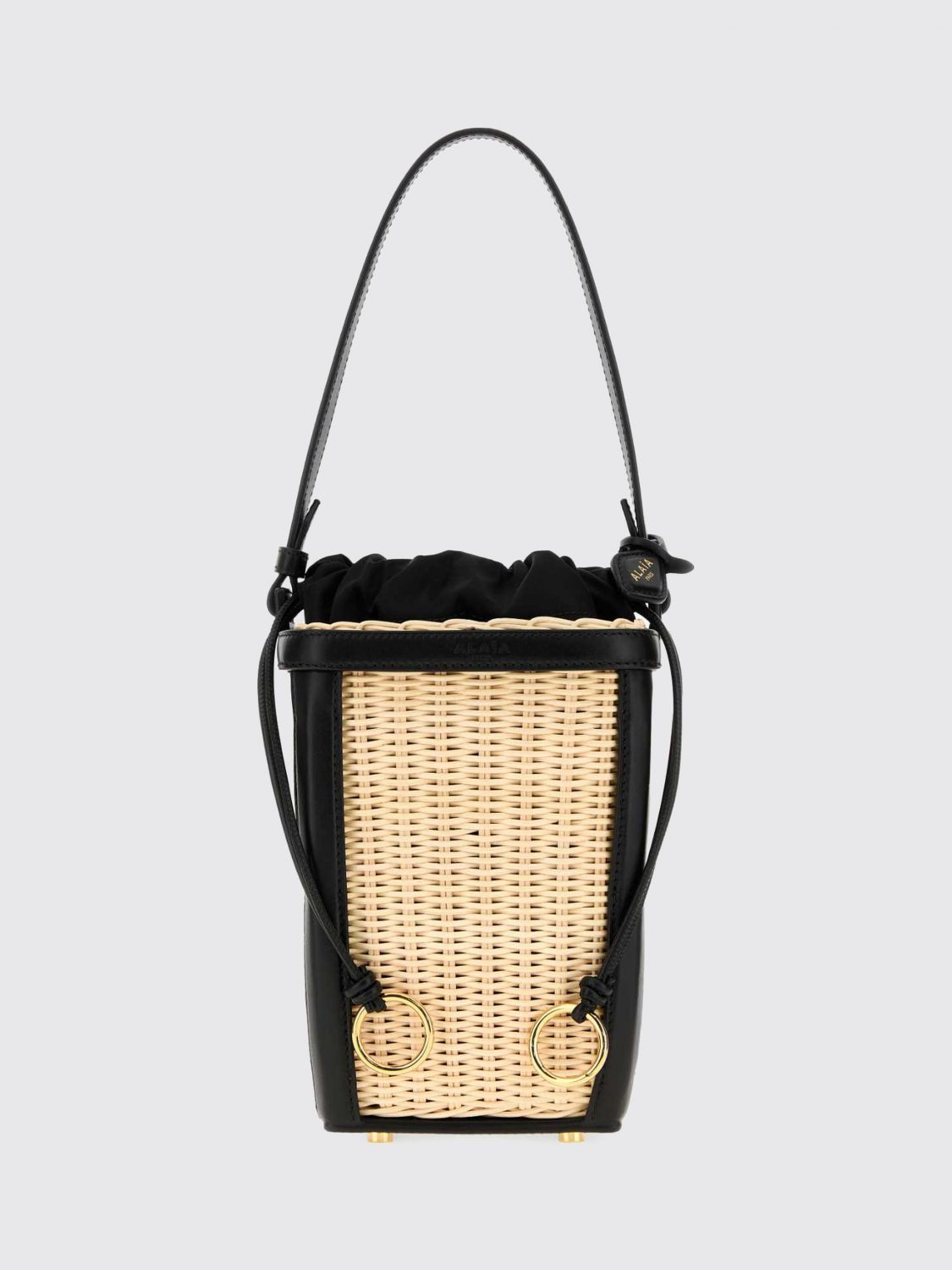 wicker and leather mini bucket bag with drawstring closure
