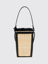 wicker and leather mini bucket bag with drawstring closure
