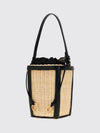 wicker and leather mini bucket bag with drawstring closure