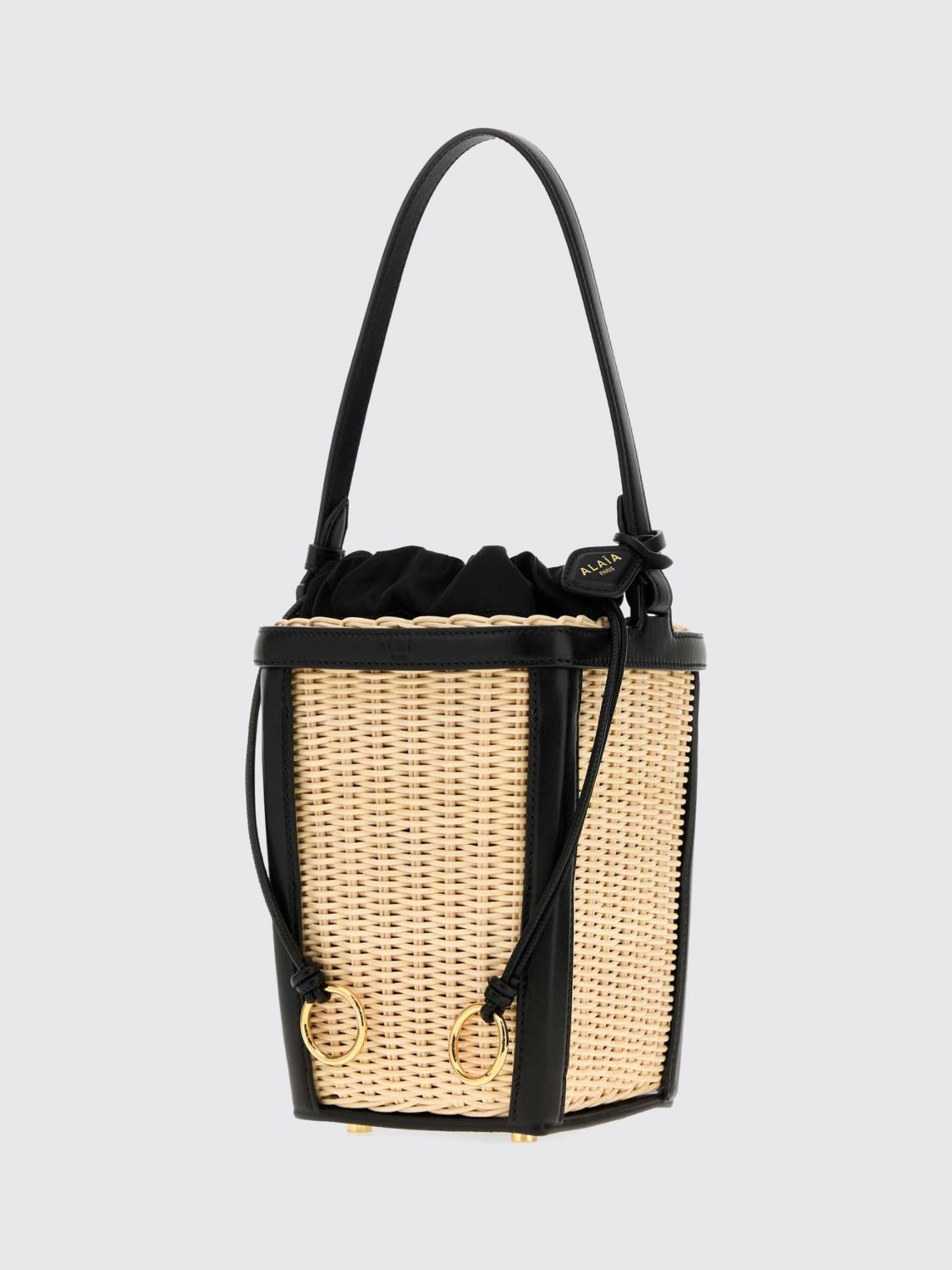 wicker and leather mini bucket bag with drawstring closure