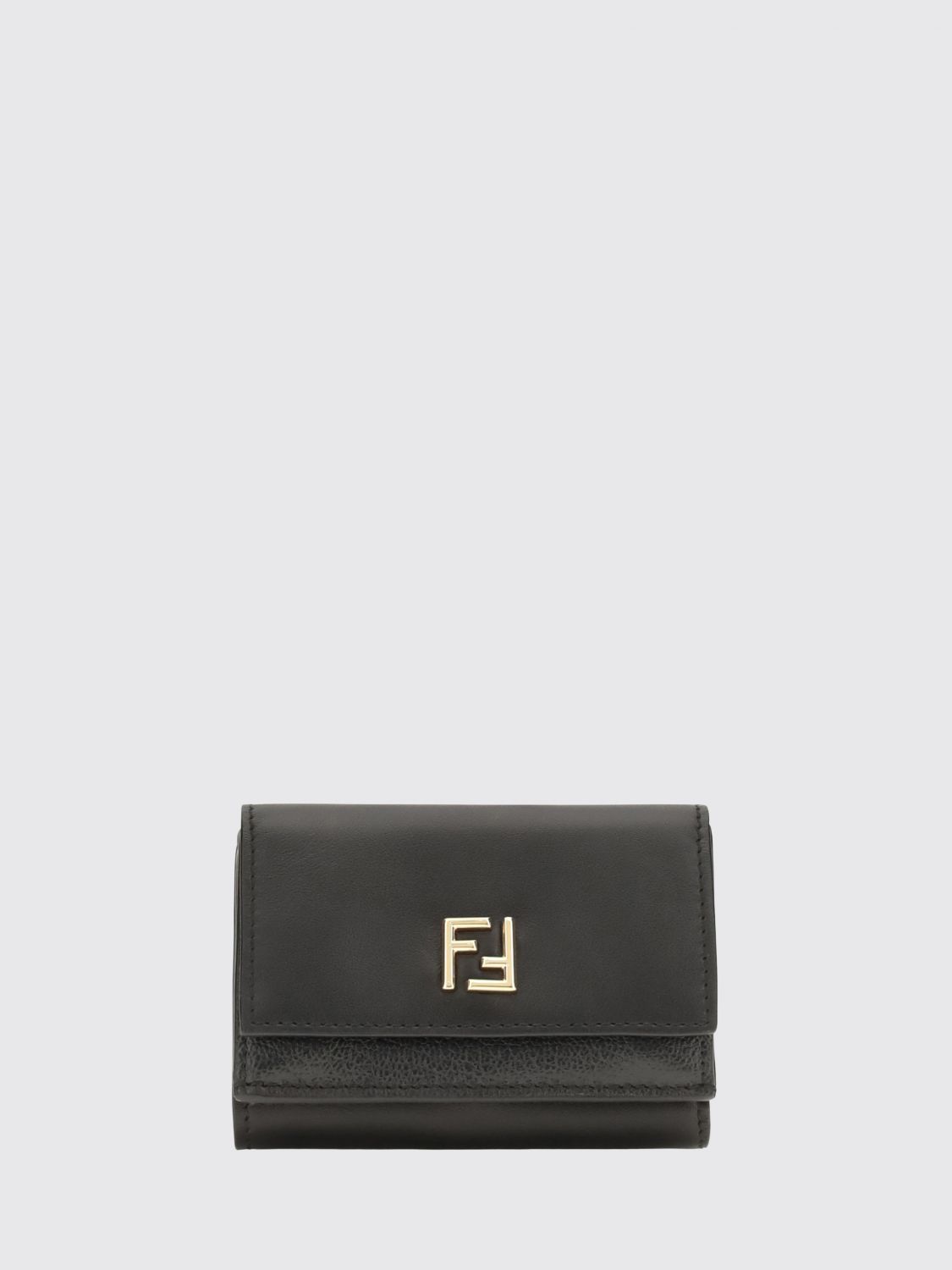 tri-fold leather wallet with ff monogram and snap button closure