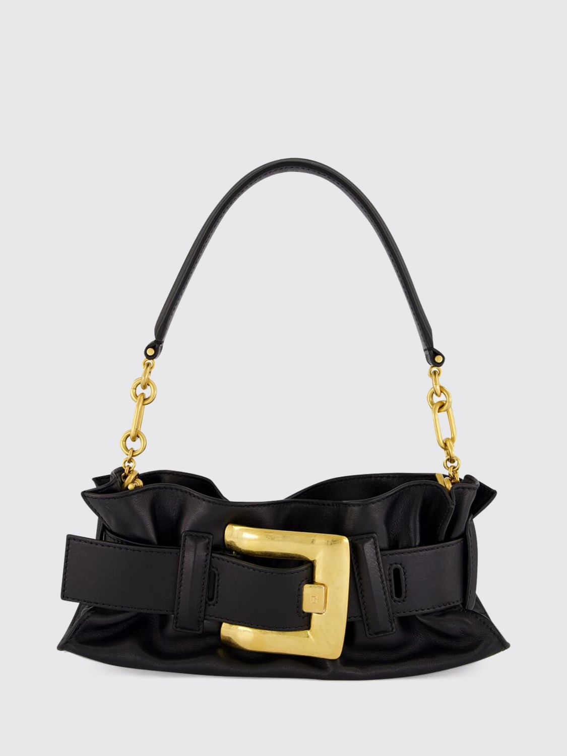 anthem ruched smooth leather shoulder bag with logo buckle