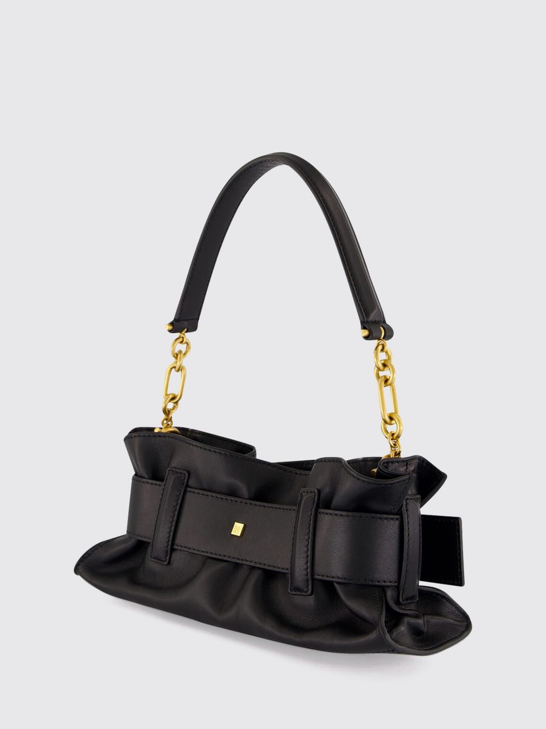 anthem ruched smooth leather shoulder bag with logo buckle