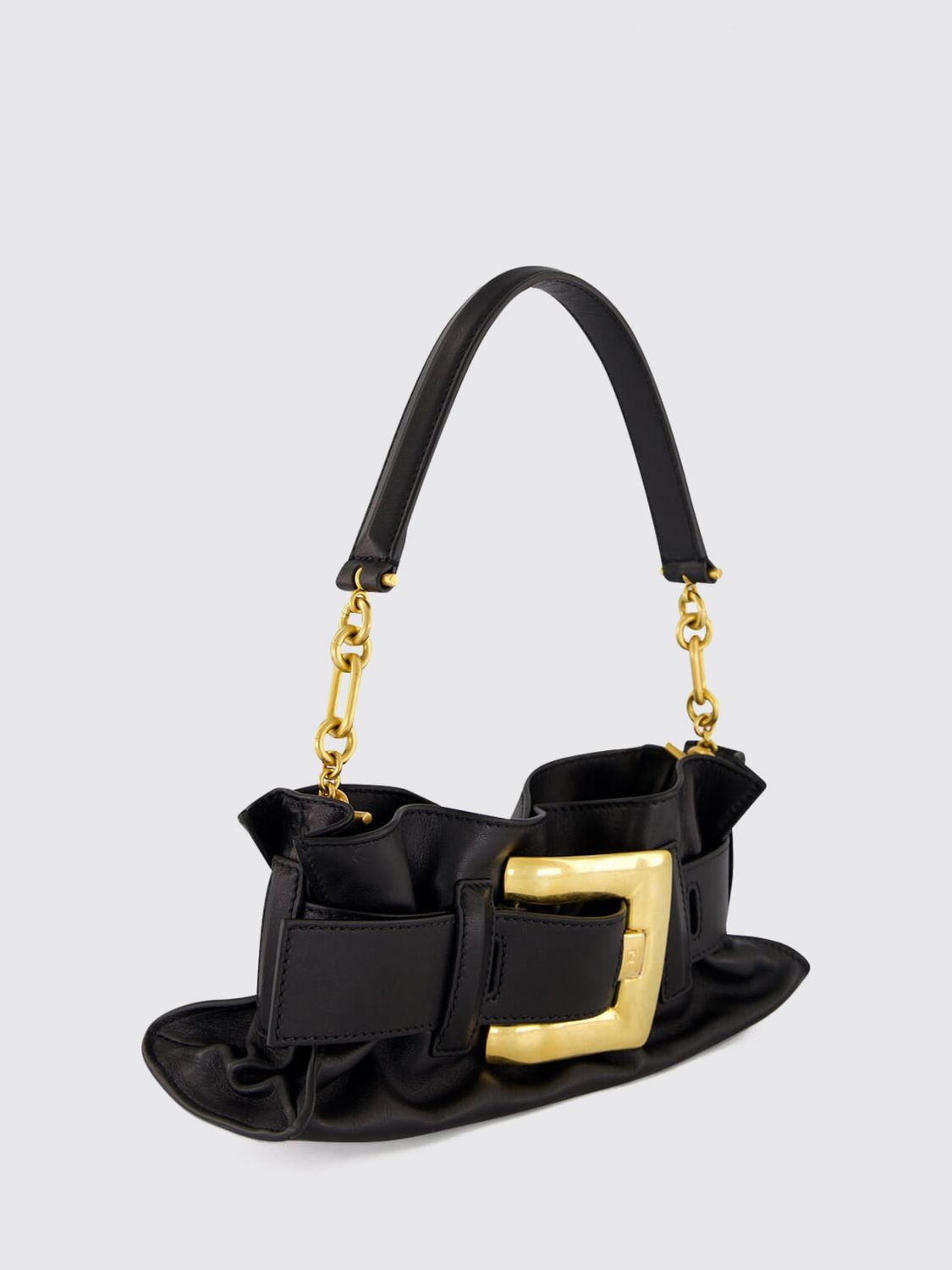 anthem ruched smooth leather shoulder bag with logo buckle