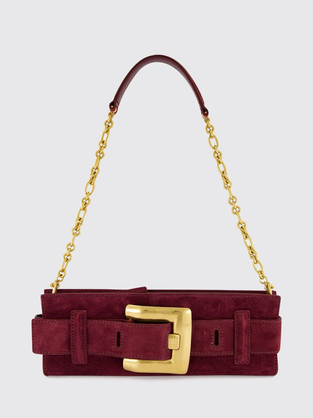 BALMAIN OS anthem suede shoulder bag with logo buckle and chain strap