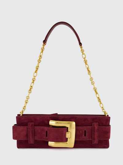 anthem suede shoulder bag with logo buckle and chain strap