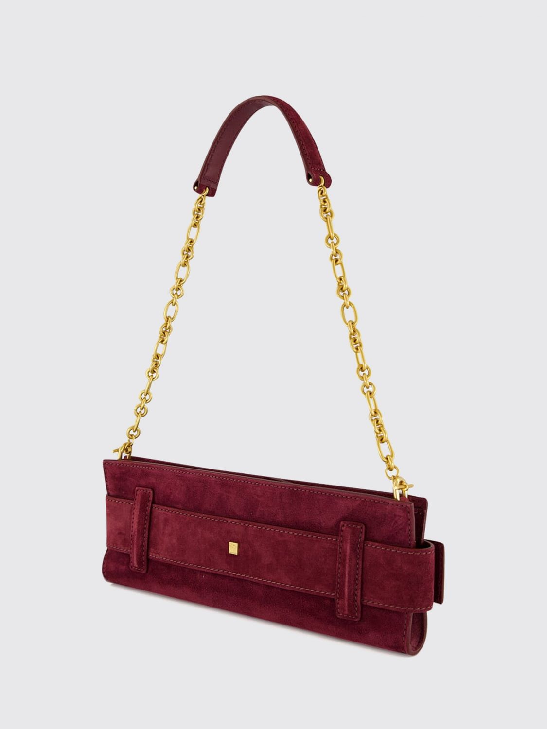 anthem suede shoulder bag with logo buckle and chain strap