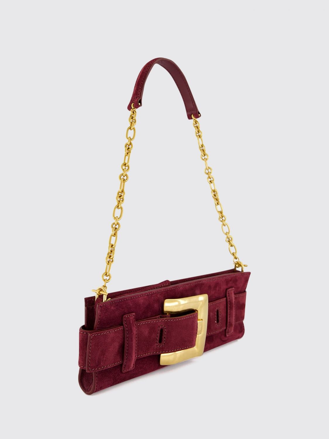 anthem suede shoulder bag with logo buckle and chain strap