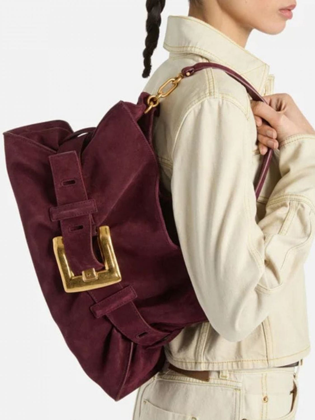 BALMAIN OS anthem ruched suede calfskin shoulder bag with buckle detail