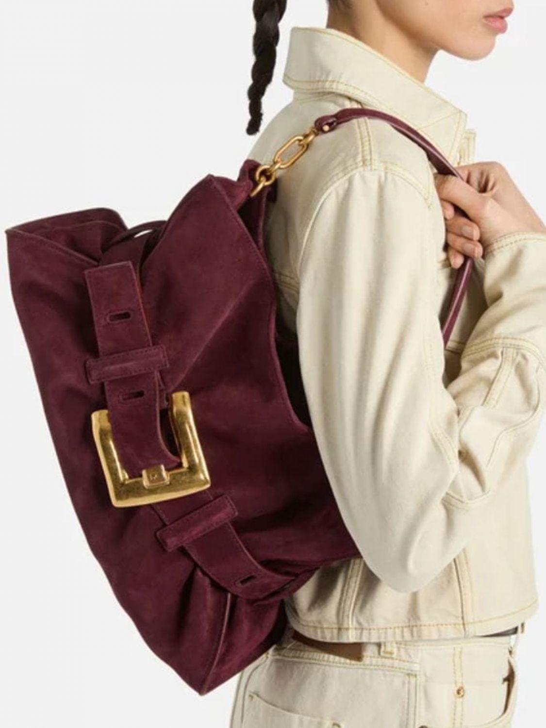 anthem ruched suede calfskin shoulder bag with buckle detail