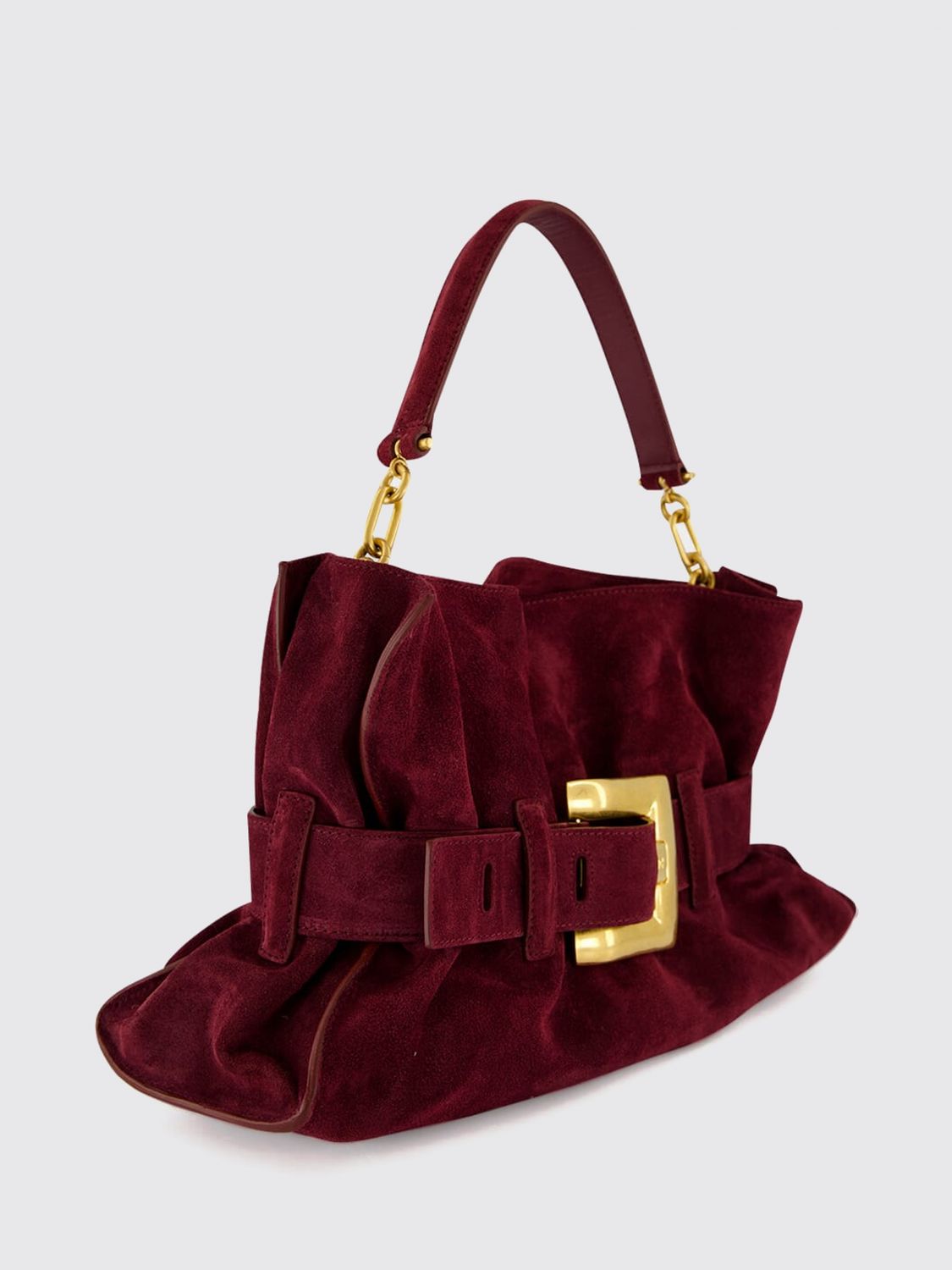 anthem ruched suede calfskin shoulder bag with buckle detail