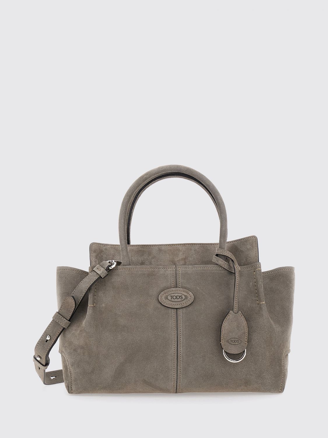 leather and suede handbag with double handle and logo charm
