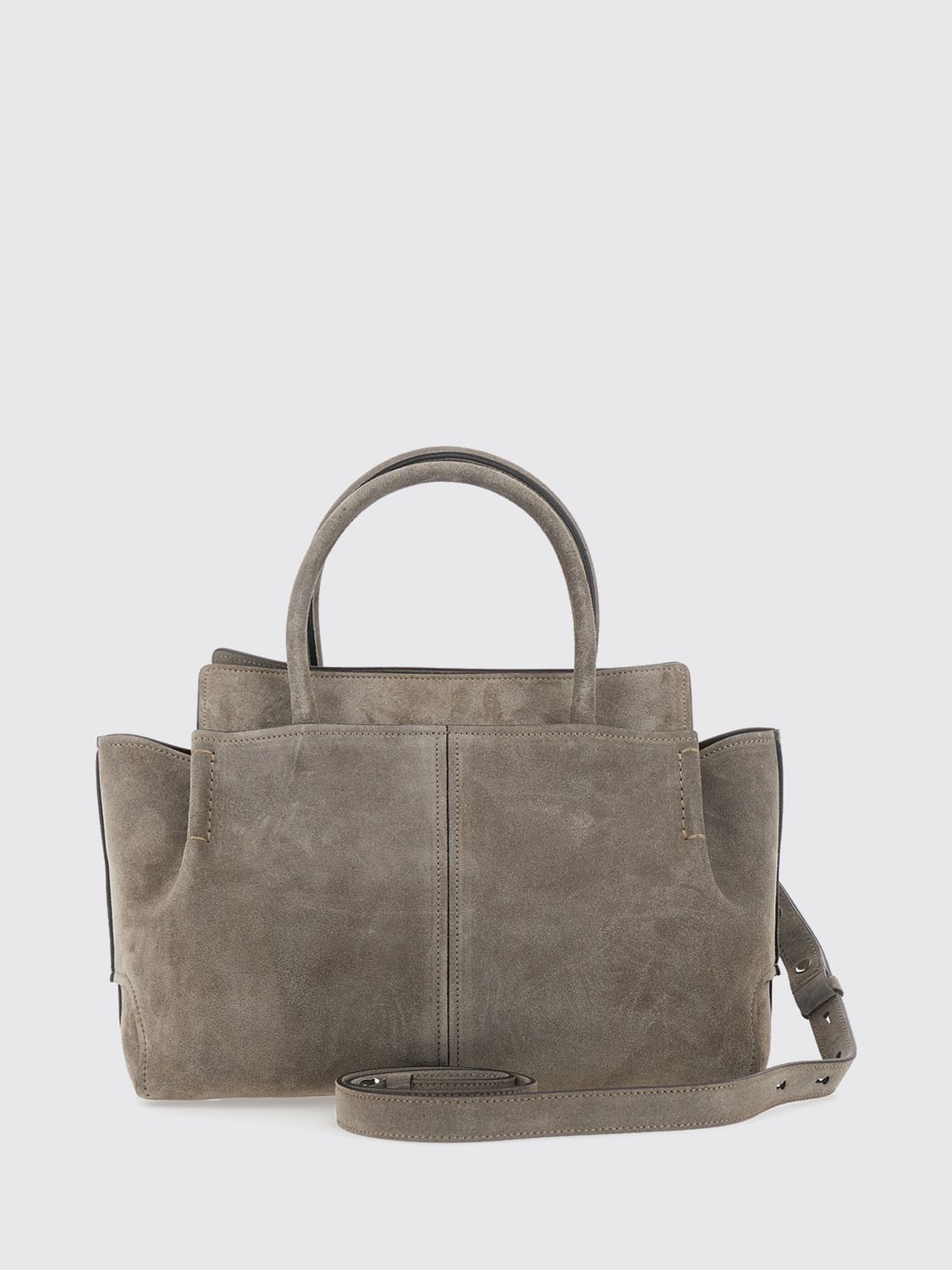 leather and suede handbag with double handle and logo charm