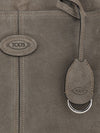 leather and suede handbag with double handle and logo charm