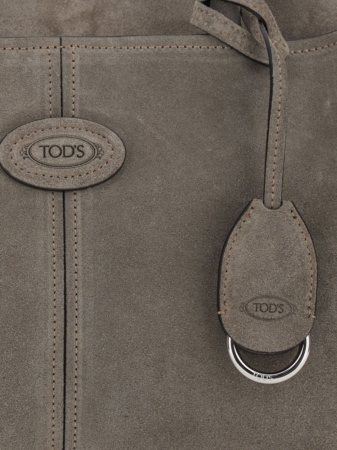 leather and suede handbag with double handle and logo charm