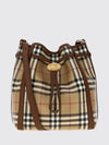 vintage check cotton bucket bag with leather trims