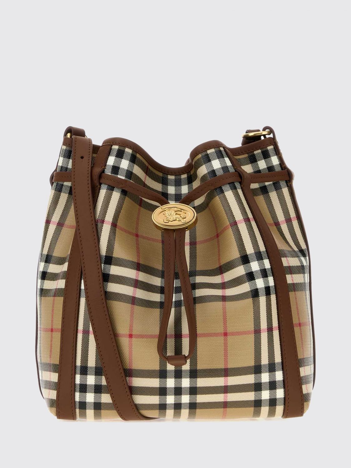 vintage check cotton bucket bag with leather trims