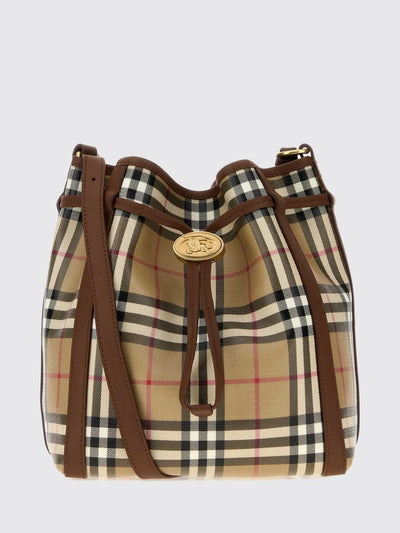 vintage check cotton bucket bag with leather trims