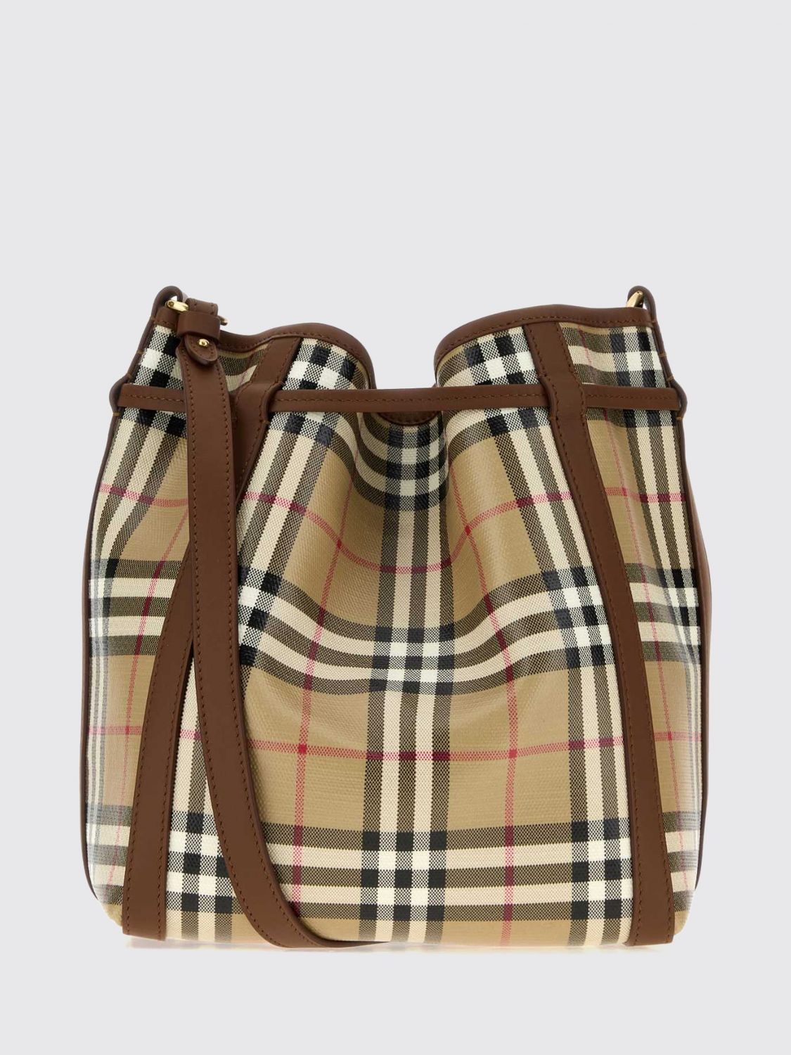 vintage check cotton bucket bag with leather trims