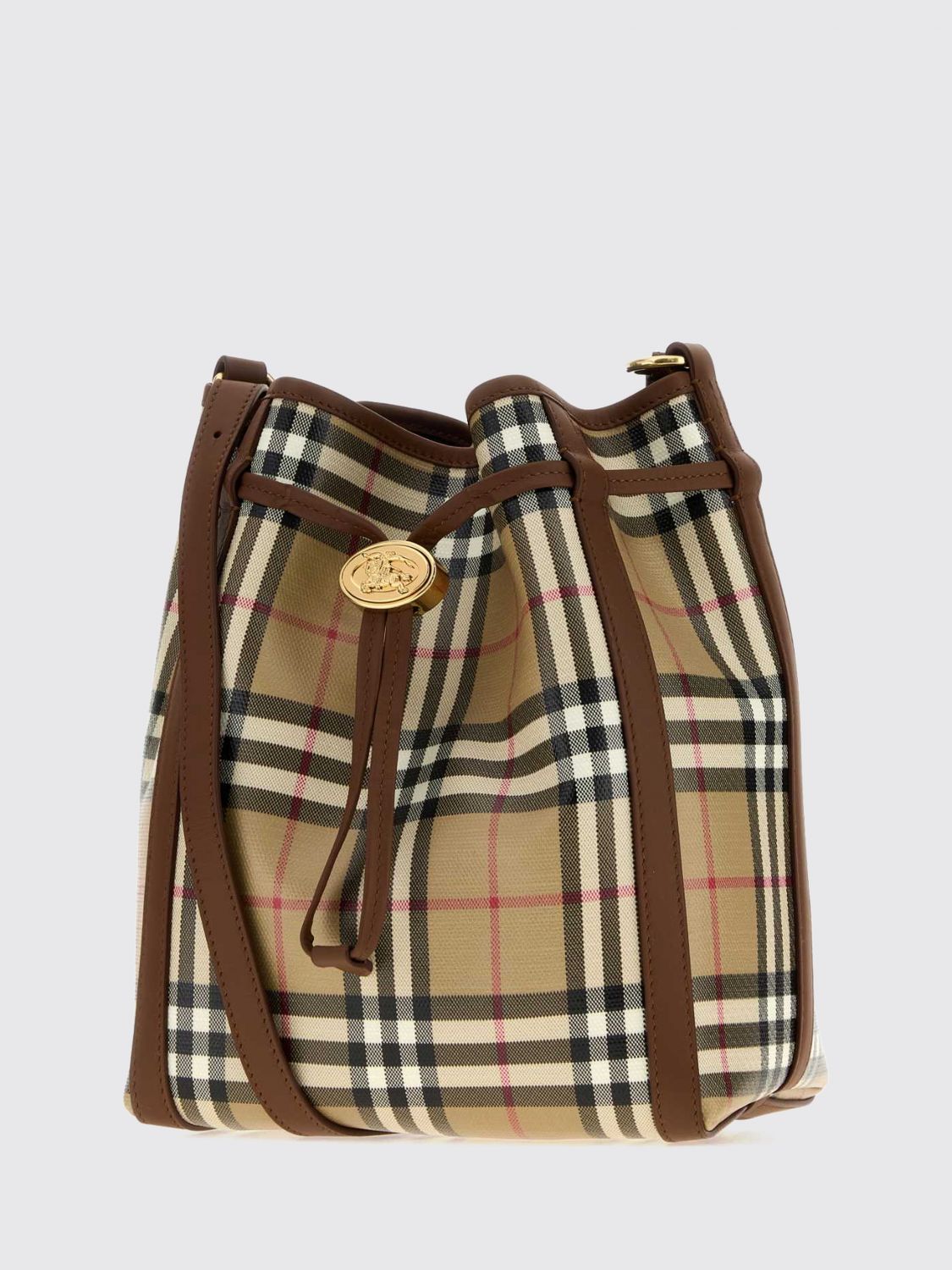 vintage check cotton bucket bag with leather trims