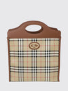 coated cotton tote bag with vintage check pattern and double leather handles