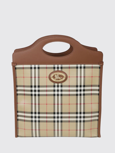 coated cotton tote bag with vintage check pattern and double leather handles