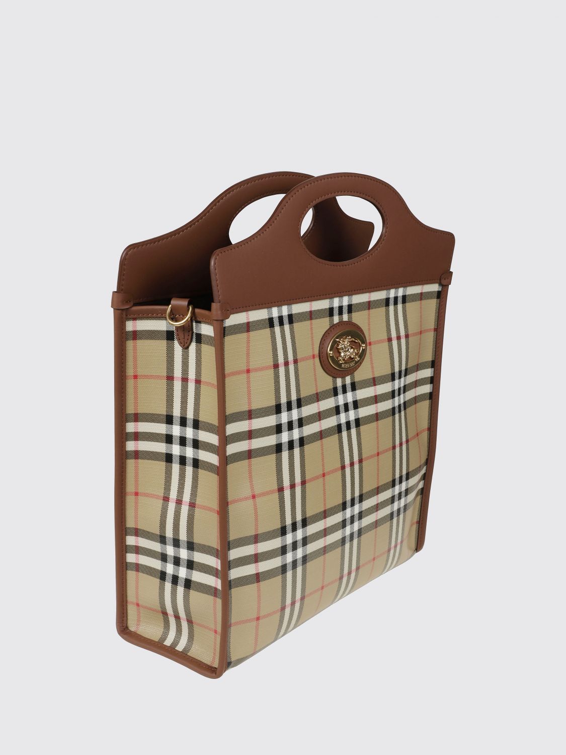 coated cotton tote bag with vintage check pattern and double leather handles