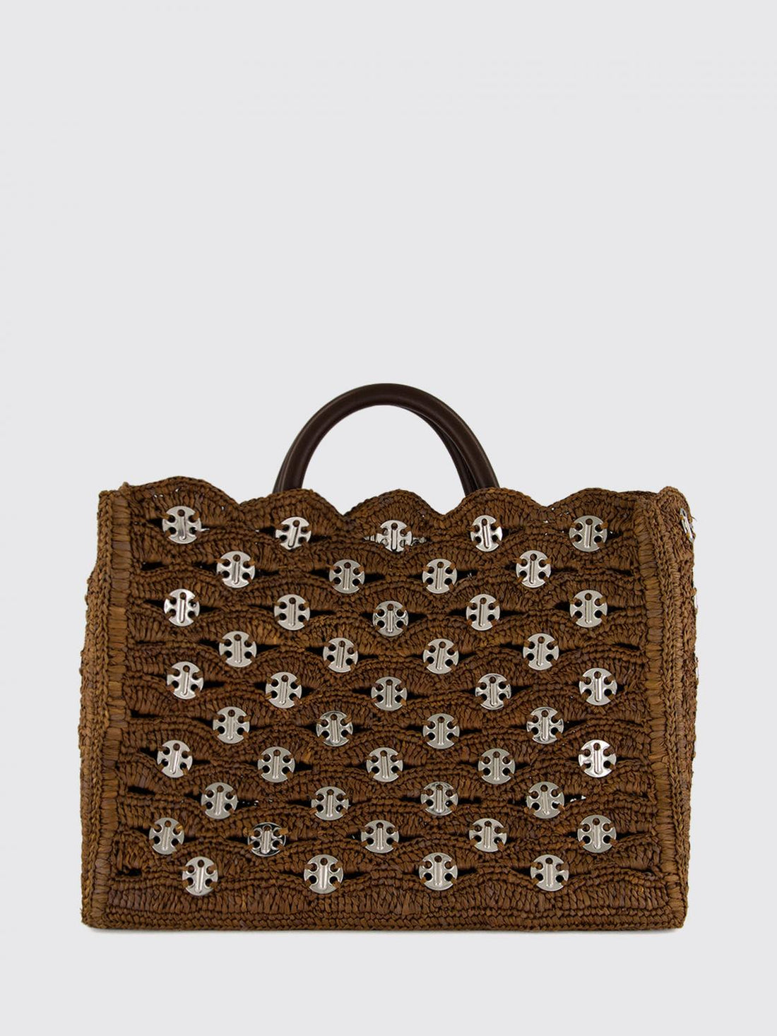 RABANNE OS 1969 raffia and leather tote bag with metallic rings