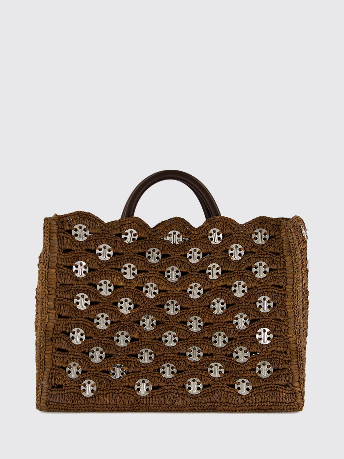 1969 raffia and leather tote bag with metallic rings