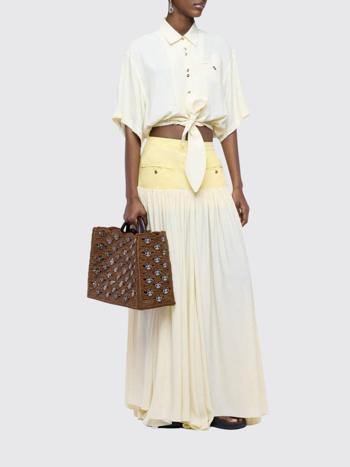 1969 raffia and leather tote bag with metallic rings