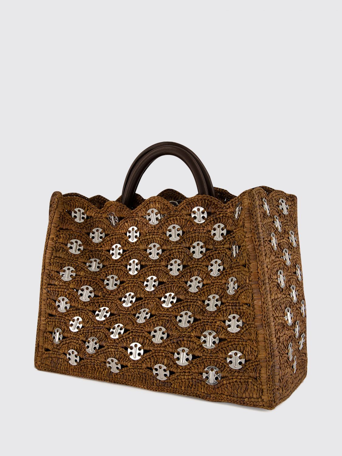 1969 raffia and leather tote bag with metallic rings