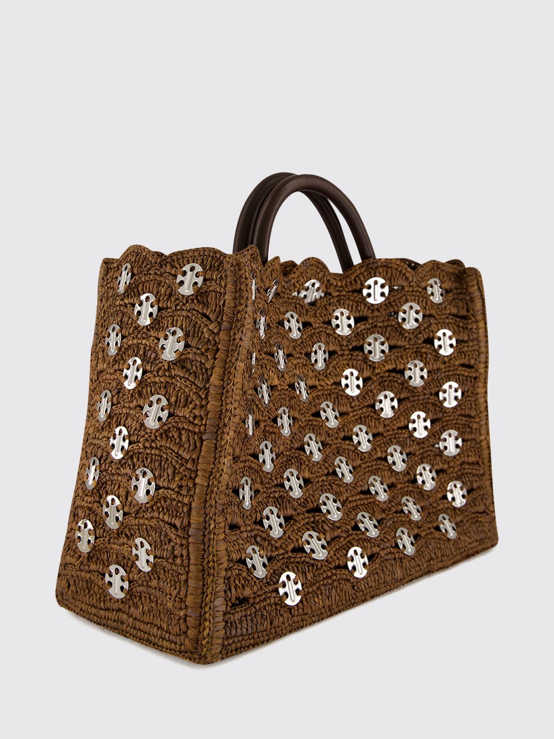 1969 raffia and leather tote bag with metallic rings