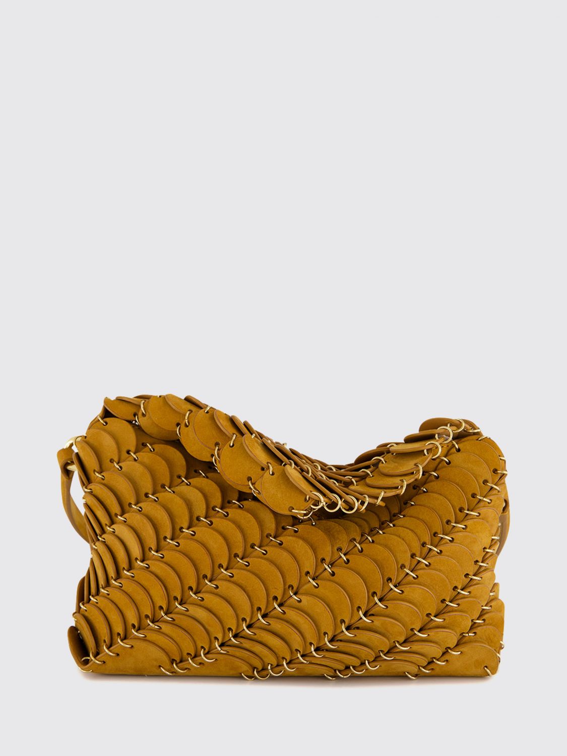 scallop suede and leather shoulder bag with metallic ring