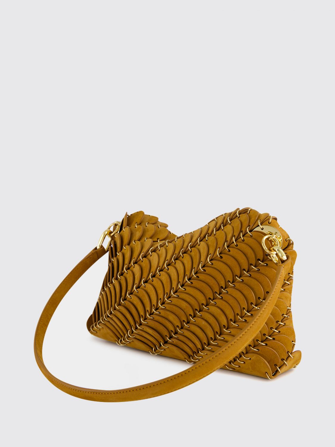 scallop suede and leather shoulder bag with metallic ring