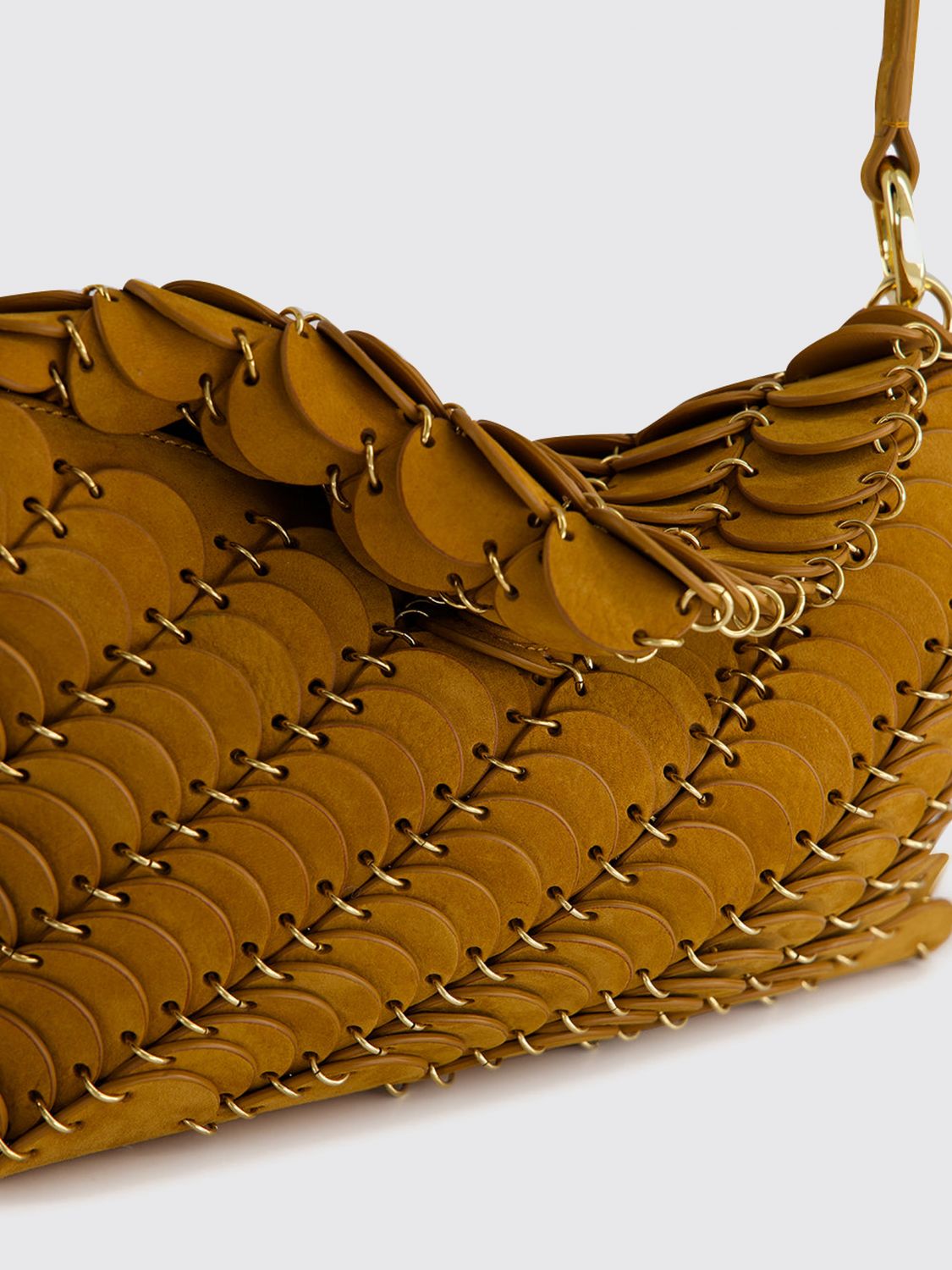 scallop suede and leather shoulder bag with metallic ring