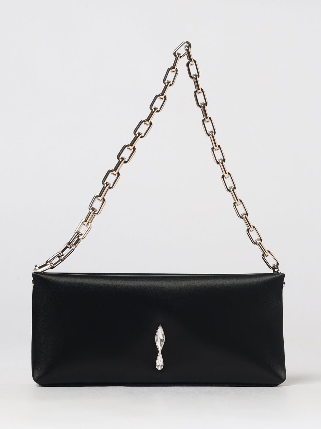 maykimay satin shoulder bag with rhinestone logo and metallic handle